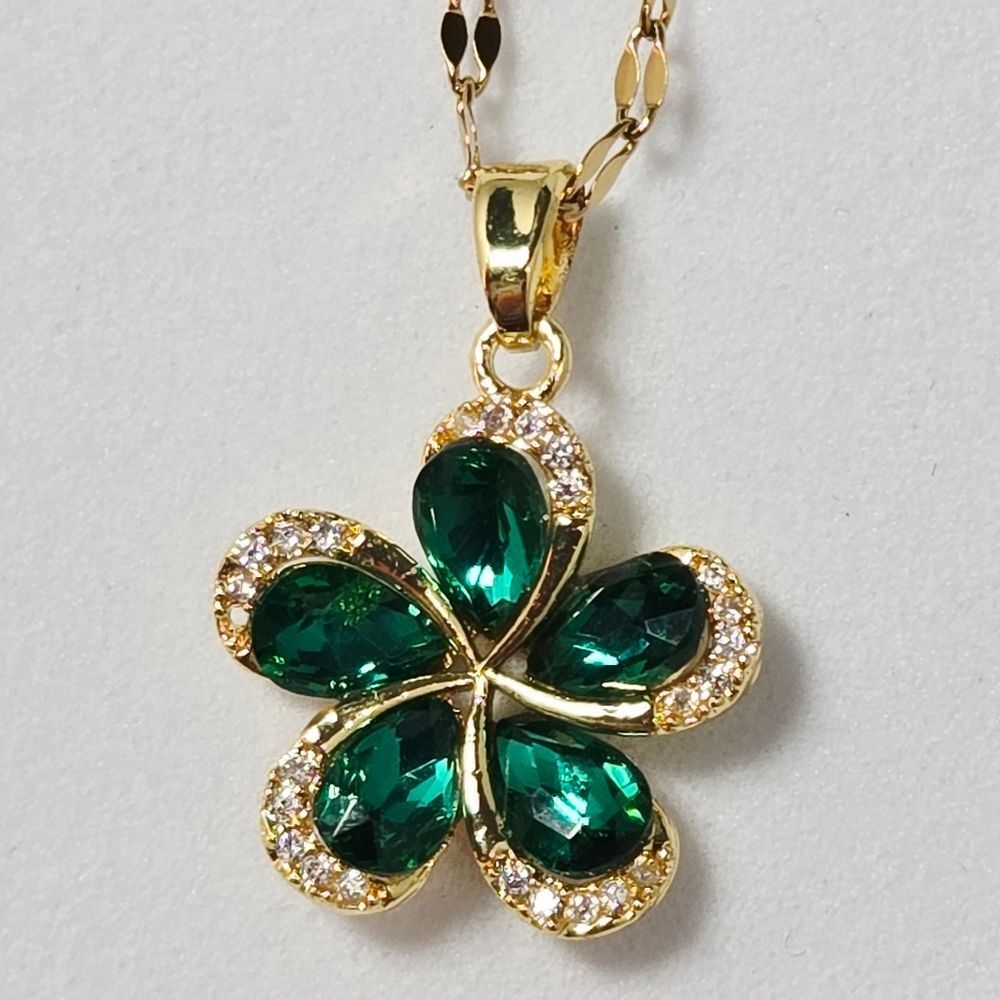 Emerald Green CZ Flower Necklace Gold Plated May Birthstone Floral Pendant Gift - Picture 2 of 9